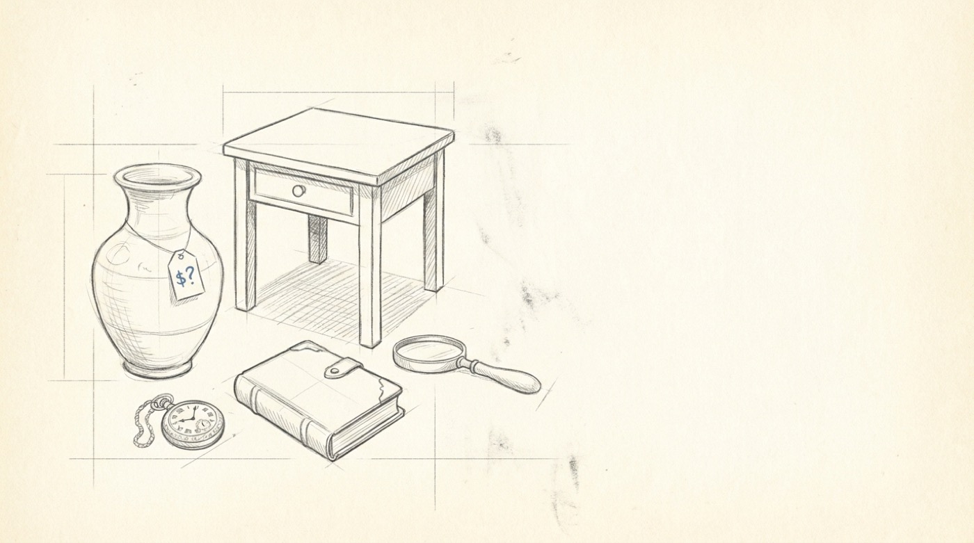 A pencil sketch of an antique ceramic vase, an ornate pocket watch and an old leather-bound book on a small wooden table, with a magnifying glass and a small price tag with a "$?" mark on it.