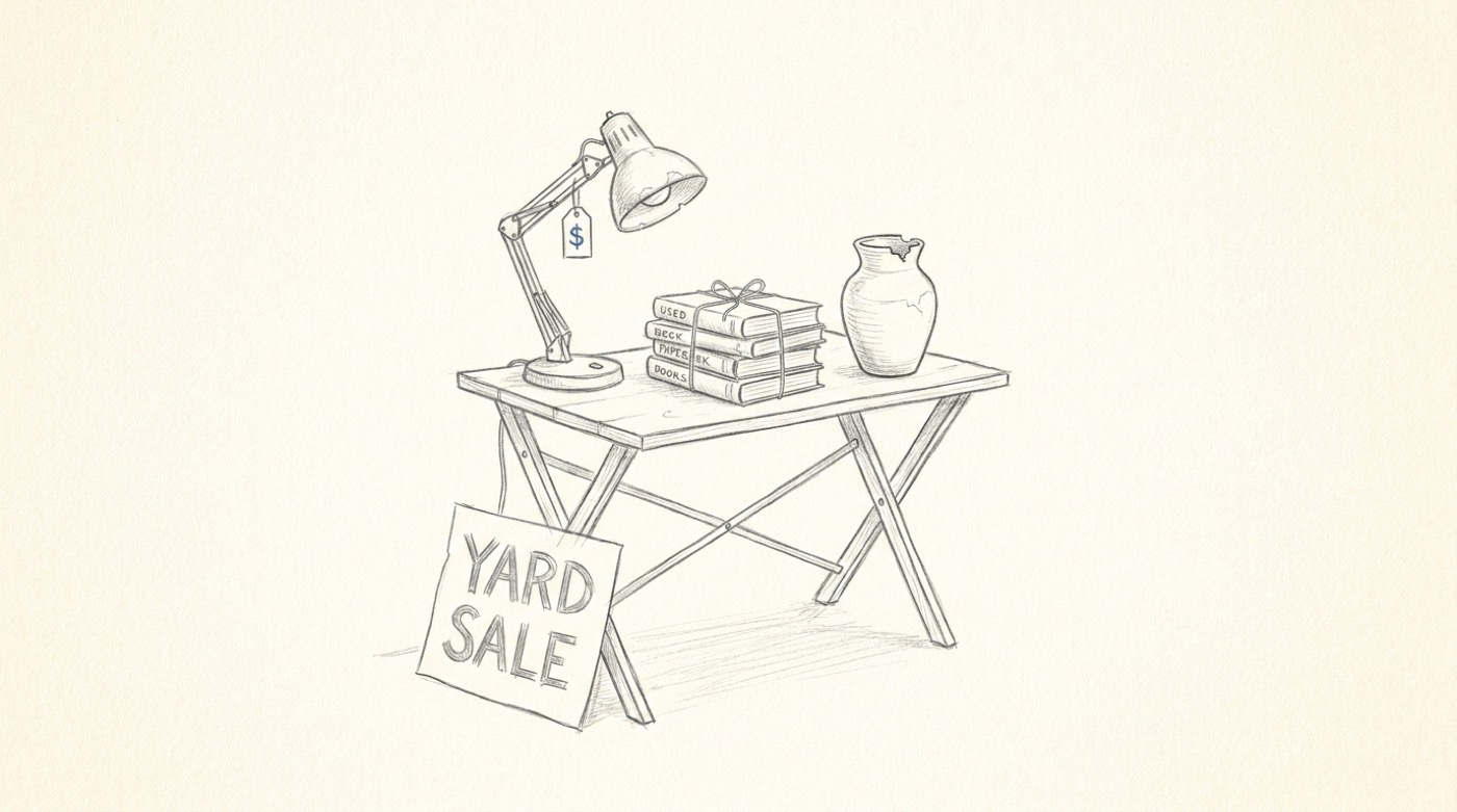 A pencil sketch of a folding yard-sale table with a desk lamp, a stack of books, and a ceramic vase, with a "YARD SALE" sign leaned against it.