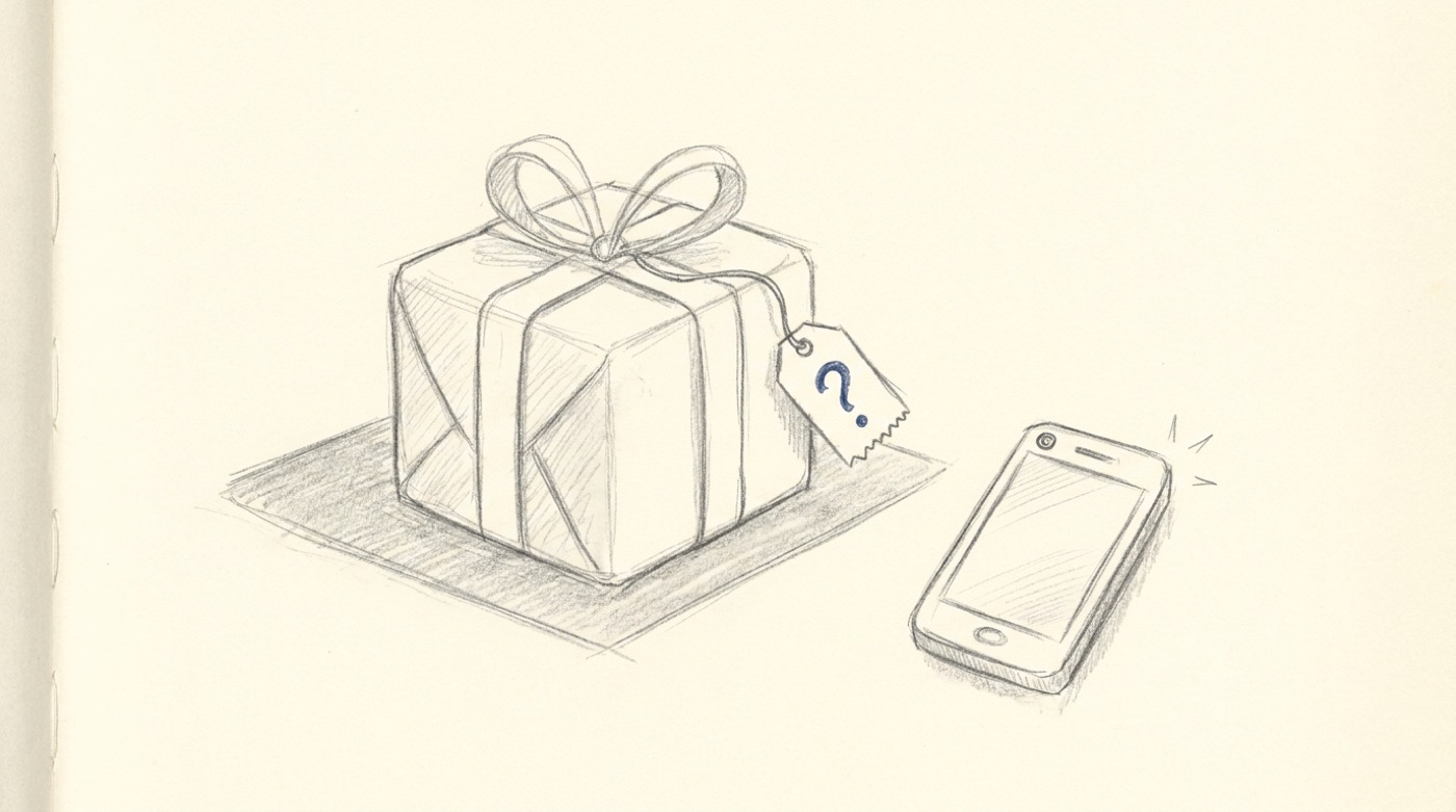 A pencil sketch of a wrapped birthday gift box with a ribbon and a price tag with a question mark dangling from it, with a small smartphone next to it.
