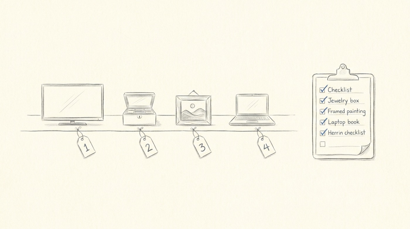 A pencil sketch of a row of household items — a TV, jewelry box, framed painting, and laptop — each with a numbered tag, next to a clipboard with a checklist.