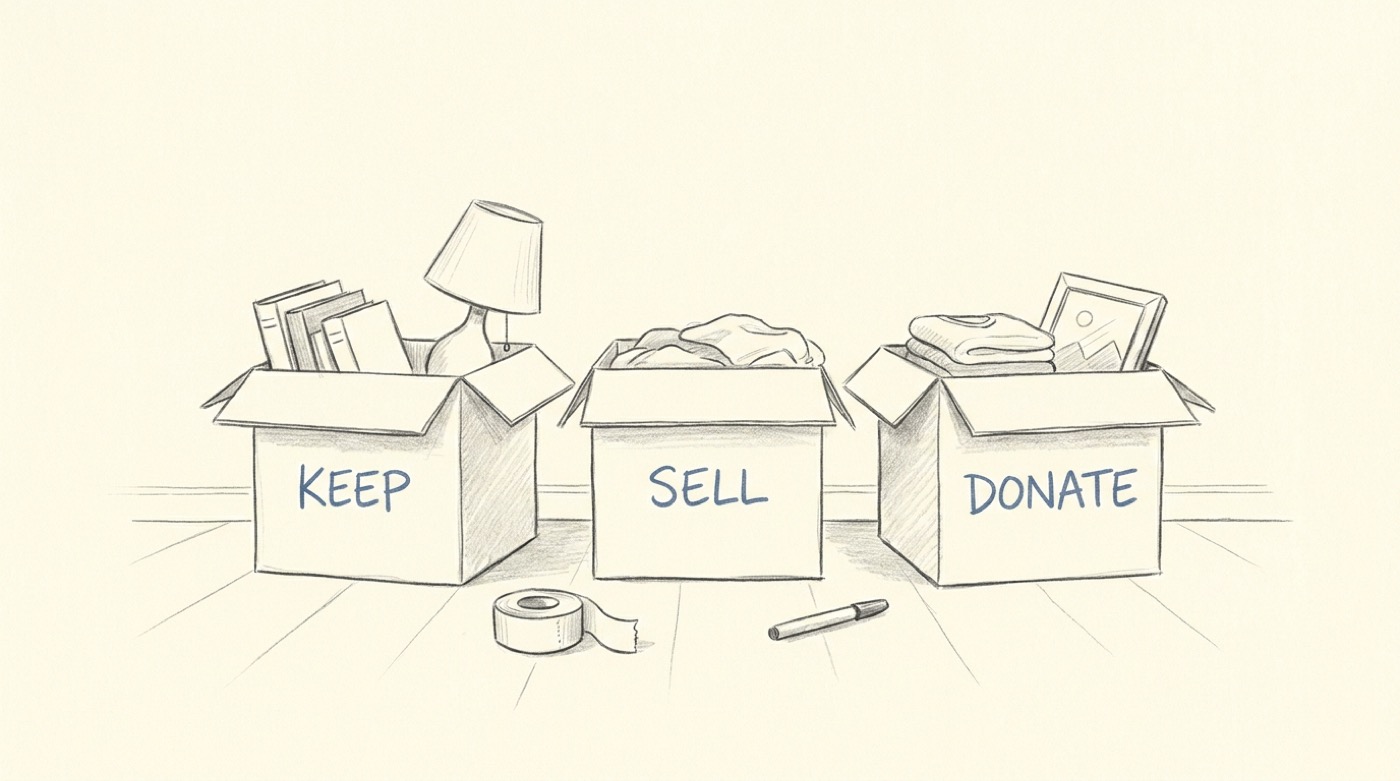 A pencil sketch of three open cardboard moving boxes labeled "KEEP", "SELL", and "DONATE" with various household items poking out the top.