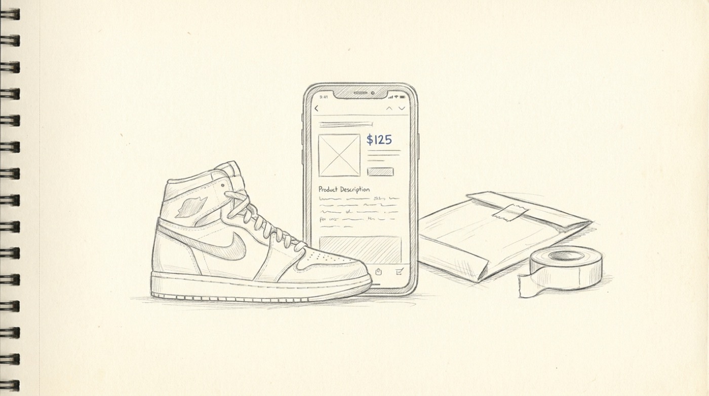 A pencil sketch of a single sneaker next to an upright smartphone showing a marketplace listing, with a packing envelope and tape ready for shipping.